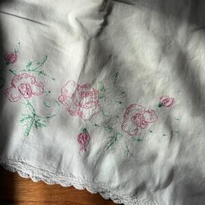 Vintage Handmade Embroidered Pink Flower Single Pillow Case Crochet Hem